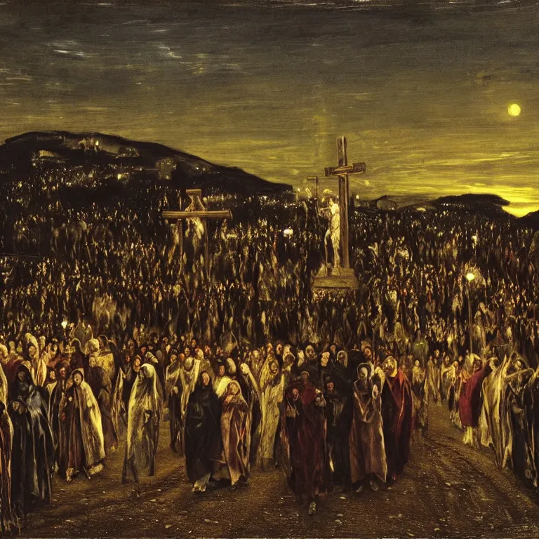 Prompt: A Holy Week procession of souls in a Spanish landscape at night. A figure at the front holds a cross. El Greco, John Atkinson Grimshaw.