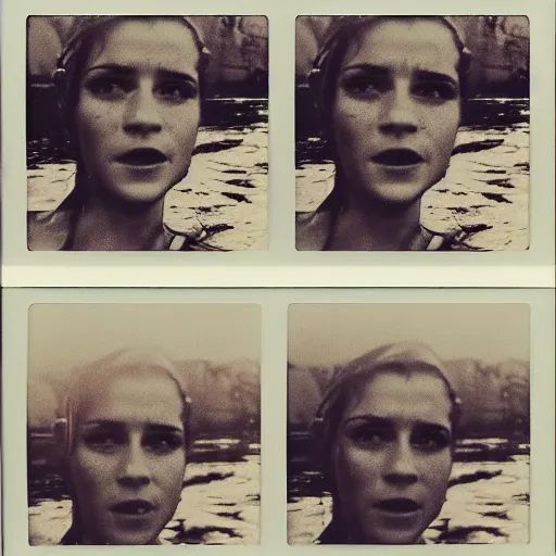 Image similar to film still, close up, emma watson rising out of muddy vietnam river, face covered in mud, low camera angle at water level, night time, film still from apocalypse now ( 1 9 7 9 ), 2 6 mm polaroid polaroid polaroid polaroid polaroid expired expired expired,