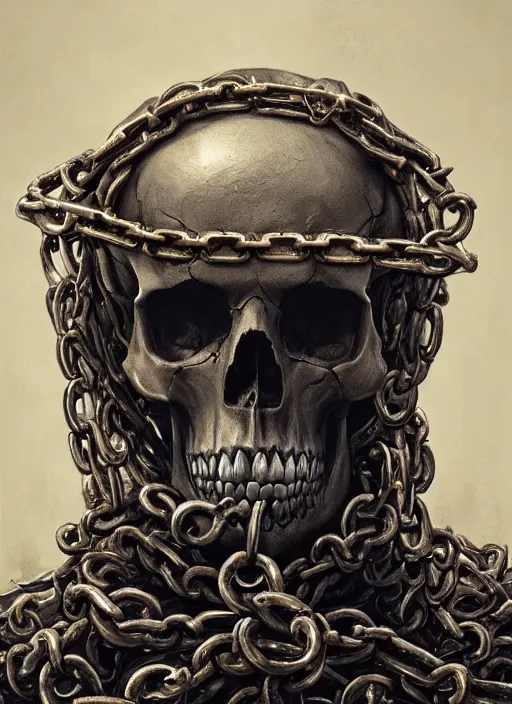 Image similar to A fancy portrait of a skull wrapped in chains by Greg Rutkowski, Sung Choi, Mitchell Mohrhauser, Maciej Kuciara, Johnson Ting, Maxim Verehin, Peter Konig, Bloodborne, 8k photorealistic, cinematic lighting, HD, high details, dramatic, atmospheric , trending on artstation