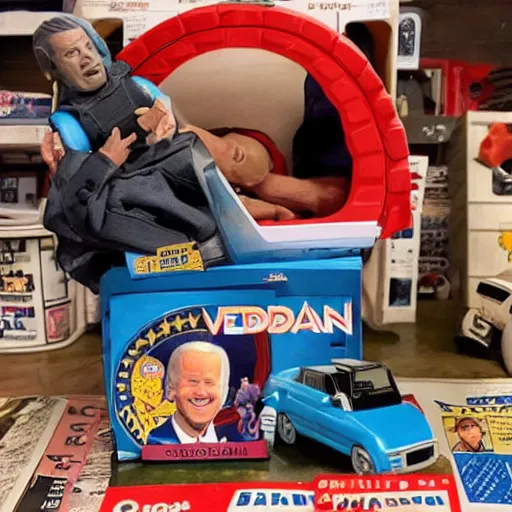 Prompt: joe biden asleep as a 9 0 s action figure playset