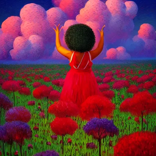 Image similar to afro made of flowers, girl standing in a field with flowers, surreal photography, hills, big trees, sunrise dramatic light, impressionist painting, colorful clouds, digital painting, pointillism, artstation, simon stalenhag