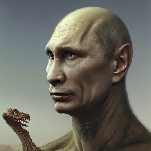 Image similar to vladimir putin, anthropomorphic bald prehistoric reptile, putin, toothless, horror, macabre by donato giancola and greg rutkowski and wayne barlow and zdzisław beksinski, realistic face, digital art