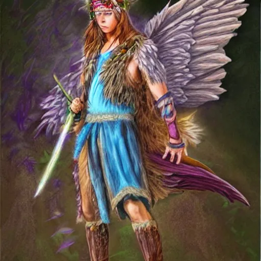 Image similar to hyper realistic color pencil drawing of a young male fairy druid with hawk wings, D&D character Art, detailed, rim light, diffused, intricate