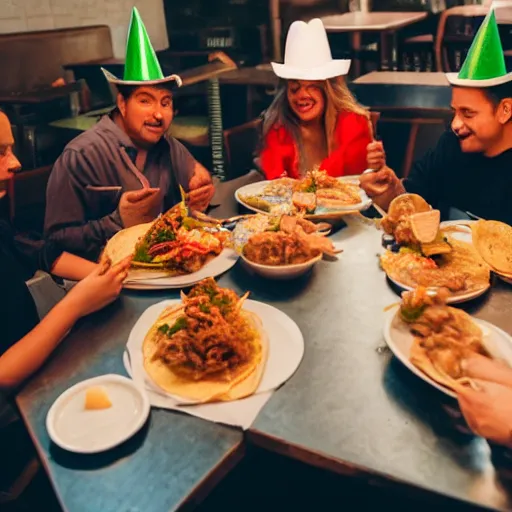 Image similar to A group of angels wearing birthday hats eating tacos de birria at a Mexican restaurant