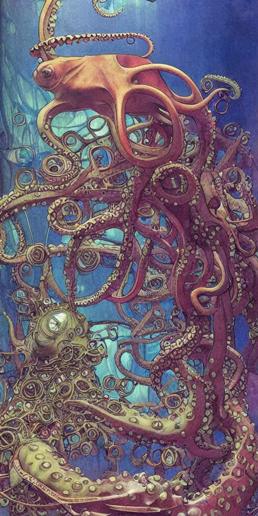 Image similar to fantasy fish, octopus, squid, in futuristic aquarium, cyberpunk, concept art, schematics, gnarly details painted by norman rockwell, mucha, gurney