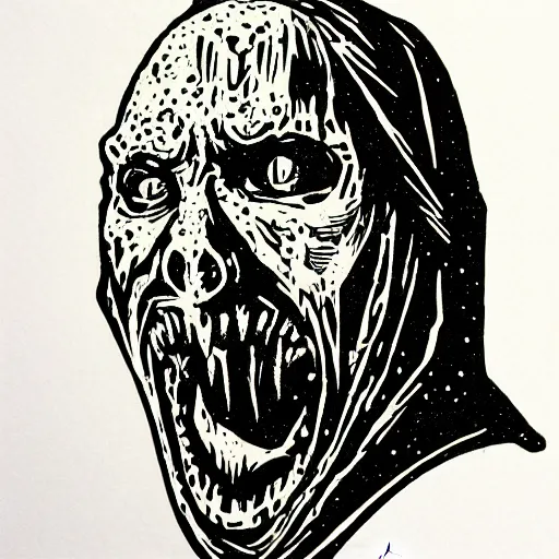 Image similar to 3 colour lino cut print of grimace slaying Dracula