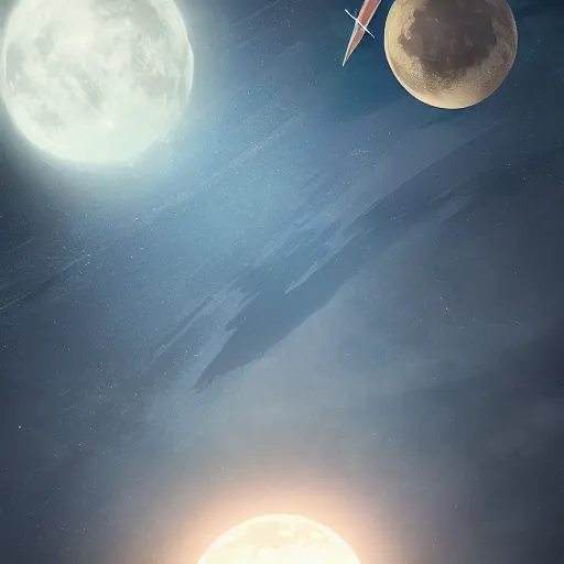 Prompt: fantasy outerspace large planet looming, a moon off to the side three spaceships flying between the moon and the planet, 4k, digital art, trending on artstation, galaxy
