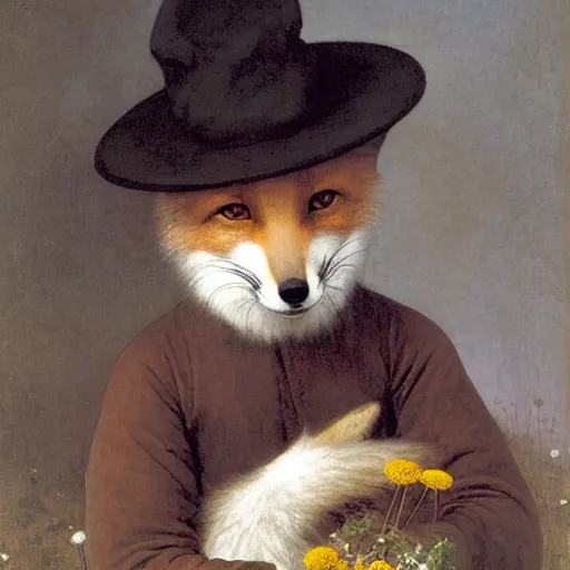 Image similar to A portrait of a fox wearing a hat full of dandelions, by Robert Cleminson and William-Adolphe Bouguereau