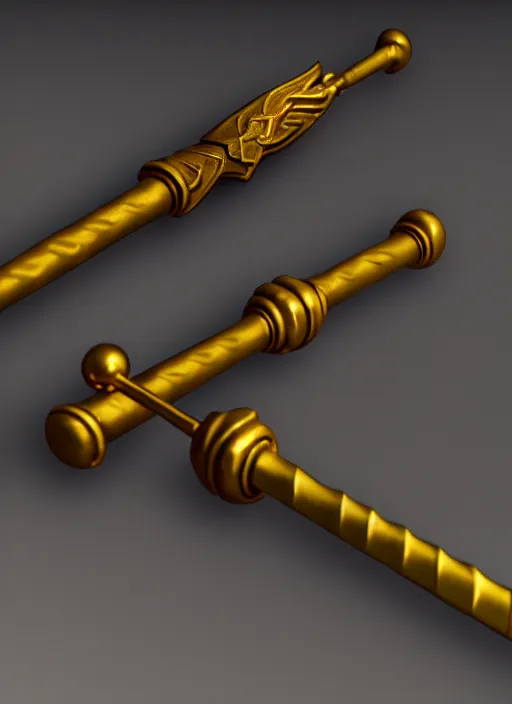 Image similar to rpg item render, a golden fighting staff, Unreal 5, DAZ, hyperrealistic, octane render, dynamic lighting