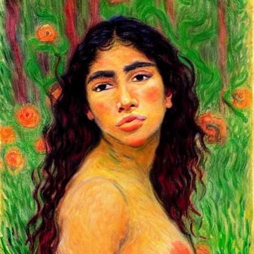 Image similar to beautiful tan latina woman, landscape, prominent rosy cheek bones, black hair and brown eyes, monet and da vinchi art style,