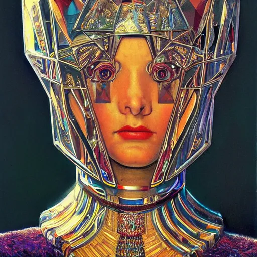 Prompt: close - up renaissance portrait of a primitive art deco android priestess, reflective detailed textures, highly detailed fantasy science fiction painting by moebius, norman rockwell and william holman hunt and syd mead. elaborate geometric ornament, rich colors, high contrast. artstation