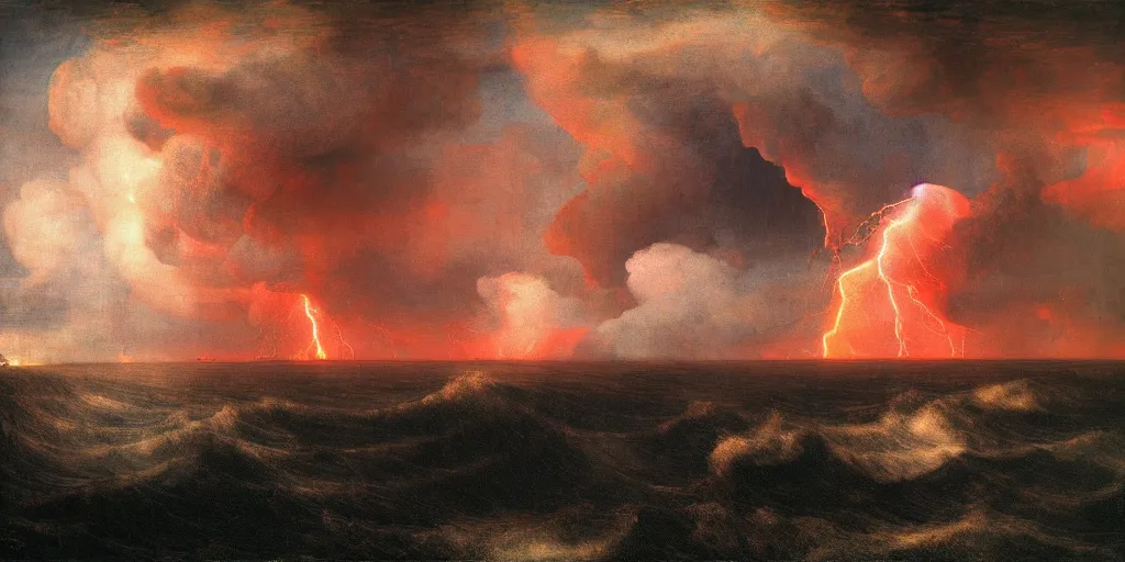 Prompt: dark storm clouds pouring jets of bright lava into the sea below, out at sea, huge swelling iridescent waves, clouds of refracted glass and stone, Colorful venous plants growing from the sea toward the clouds, 8k photorealistic, Rembrandt, Sebastiao Salgado color photograph