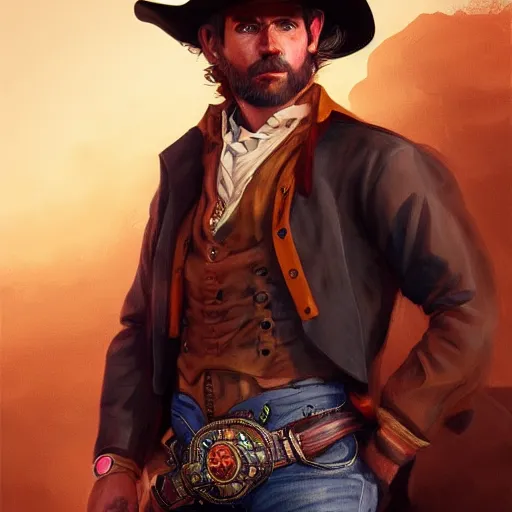 Image similar to cowboy portrait, 1800, colorful, dramatic lighting, detailed, intricate, elegant, highly detailed, digital painting, artstation, concept art, smooth, sharp focus, illustration