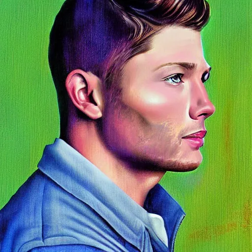 Image similar to Stunning portrait of handsome Jensen Ackles as an angel, in the style of norman rockwell, digital art