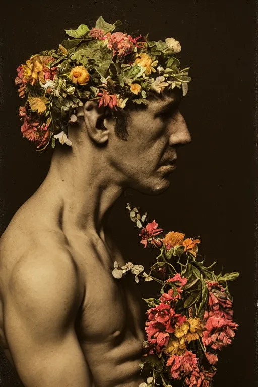 Prompt: a man's face in profile, clean shaven, made of flowers and fruit, in the style of the Dutch masters and Gregory crewdson, dark and moody