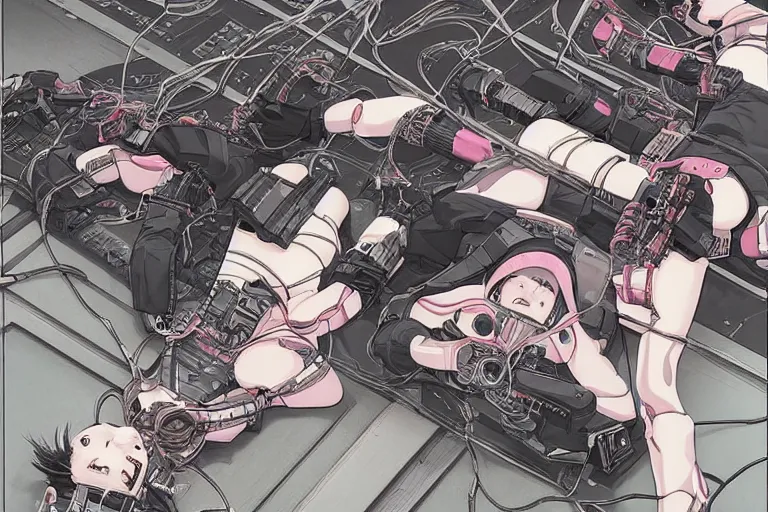 Image similar to a cyberpunk illustration of a group of three coherent female androids in style of masamune shirow, lying on an empty, white floor with their bodies broken scattered rotated in different directions and cables and wires coming out, by yukito kishiro and katsuhiro otomo, hyper-detailed, intricate
