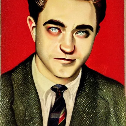 Image similar to “Robert Pattison portrait, color vintage magazine illustration 1950”