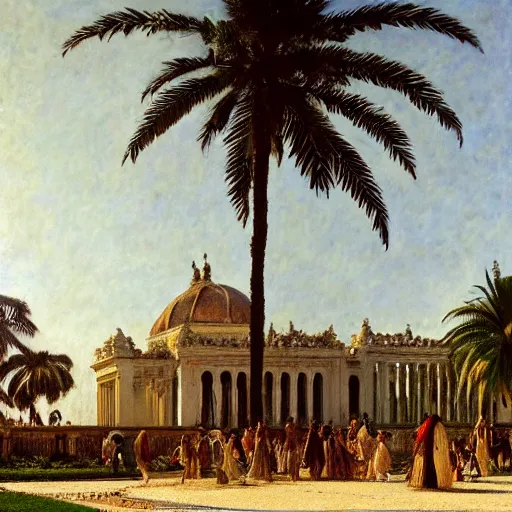 Image similar to a ultradetailed beautiful photo of the amazonas palace designed by jules bastien - lepage, hans belmer, frank weston and gustave baumann, people walking around, trending on artstation, mediterranean, palm trees, light sparkles, sharp focus, soft light, 8 k 4 k