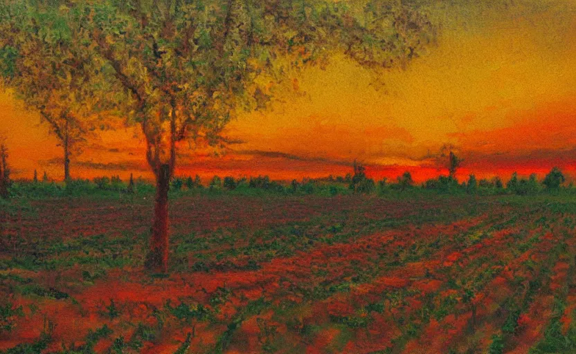 Image similar to rows of an orchard at sunset, impressionist painting, oil on canvas, golden hour, beautiful lighting