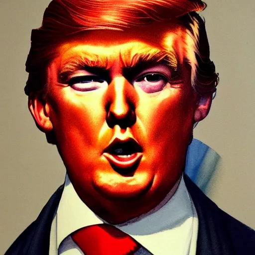 Image similar to photorealistic picture, by bob peak and alex ross, young donald trump propaganda poster, gouache and wash paints, fine details, fine intricate, fine facial proportionate, fine body proportionate, fine fix broken line, fine fix duplicate line, smooth focus, sharp details, bokeh, 4 k, fine 5 k details