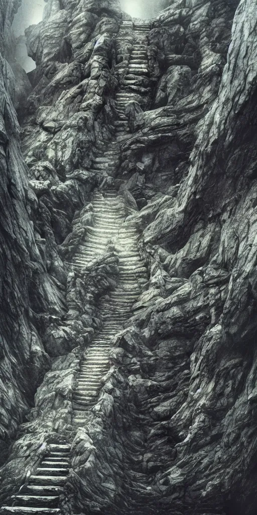 Image similar to kodak portra 4 0 0, photographic, vast staircase carved into black rock cliff side by hr giger and guillermo del toro and alan lee and paul lasaine, photorealistic, hyper detailed, 8 k, movie still, artstation, unreal engine,