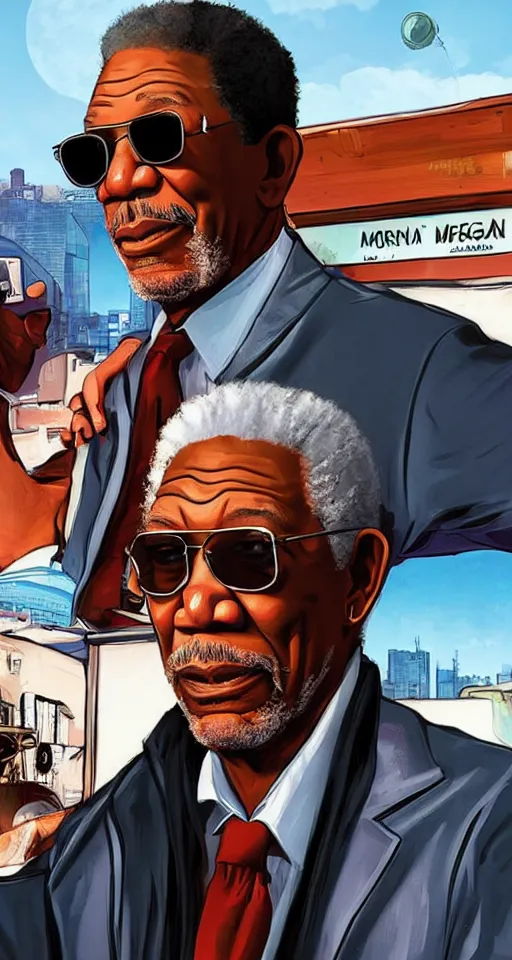 Prompt: Morgan freeman with sunglasses as a GTA5 cover illustration