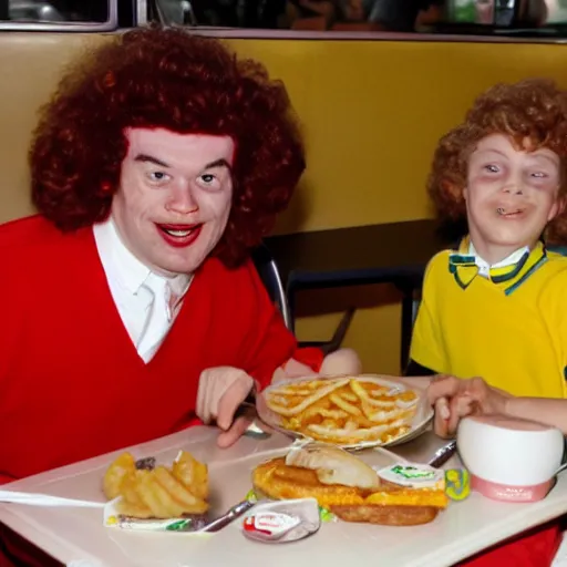 Prompt: ronald mcdonald eating at wendy's