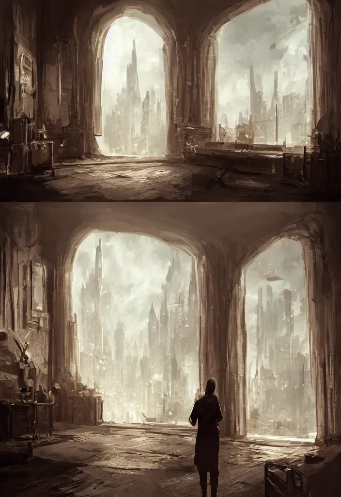 Image similar to an interior concept art of arcane, interior, character standing with back to camera looking out window looking out at a beautiful city, highly detailed, environmental light, strong lighting, cinematic by francis tneh