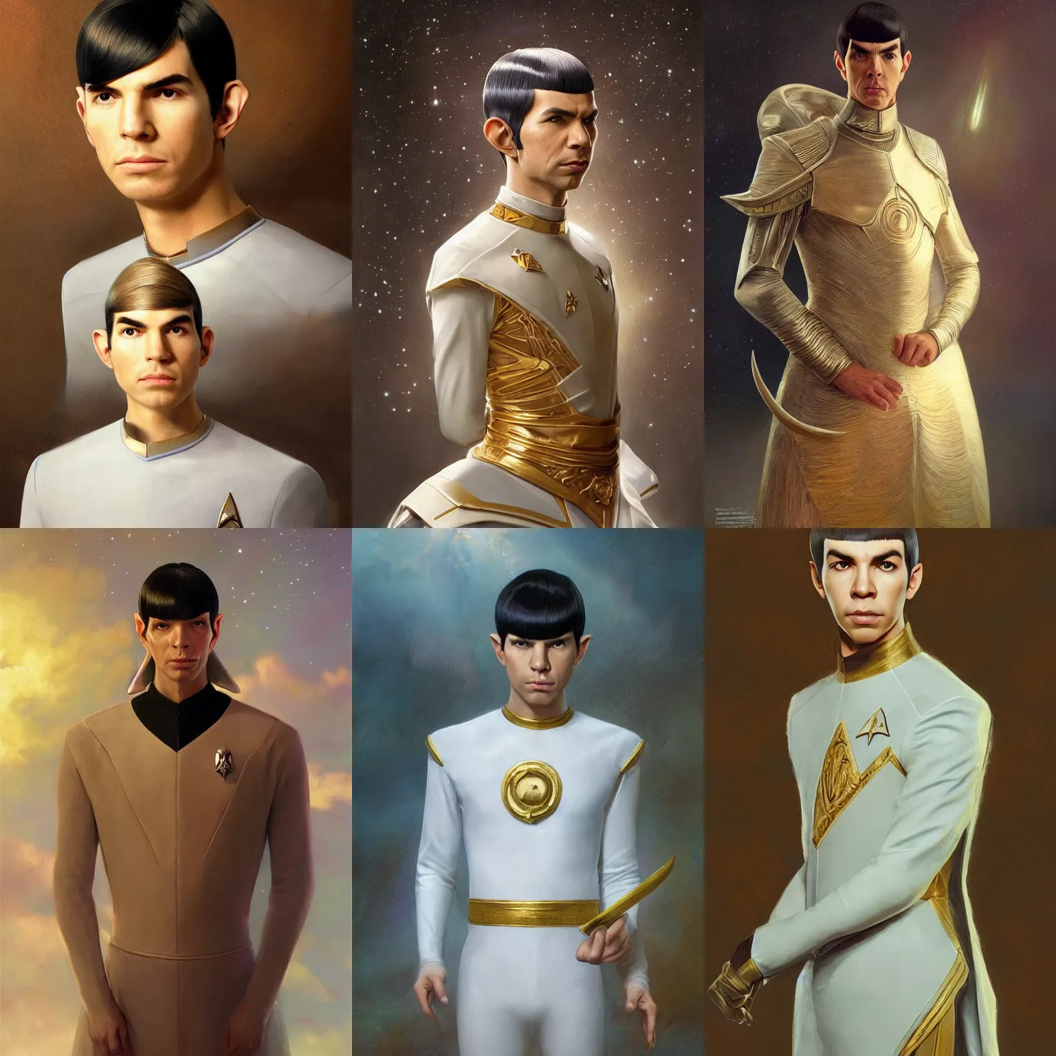 Prompt: photorealistic portrait photograph of young spock as a glorious regal space king, sleek outfit, upper body, pointed years, fantasy, handsome, depth of field, soft focus, highly detailed, intricate, realistic, national geographic cover, soft glow, textured, artstation, concept art, sharp focus, illustration, art by artgerm and greg rutkowski and alphonse mucha