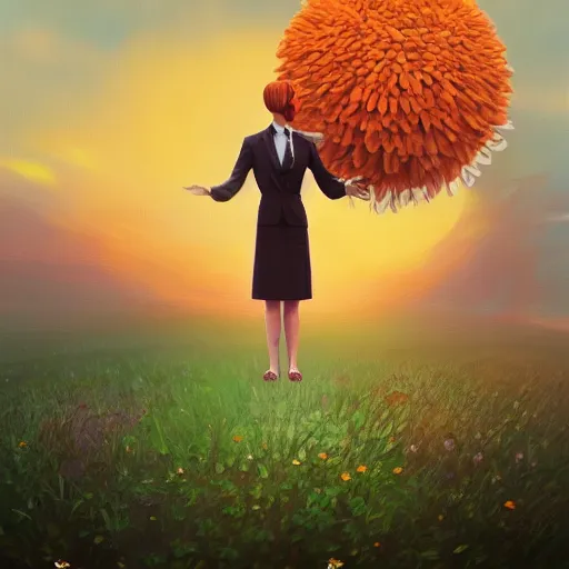 Image similar to giant daisy flower head, frontal, girl in a suit, surreal photography, sunrise, dramatic light, impressionist painting, digital painting, artstation, simon stalenhag