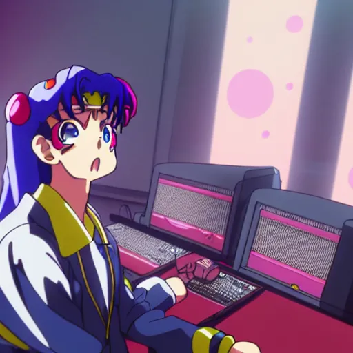 Image similar to An anime character working in their music studio. 90s anime, Sailor Moon, Neon Genesis, official art, flat cell shading, fantastic screenshot art, trending on artstation