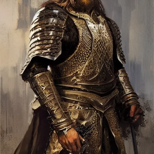 Prompt: A portrait of a king with a trimmed beard, dual wielding swords, wearing dragonscale armor and a cheetah pelt cloak, fantasy, digital art by Ruan Jia