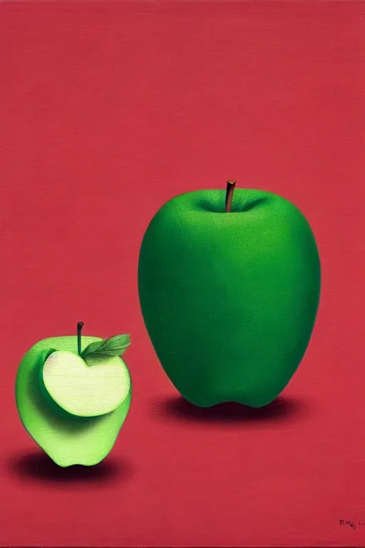 Prompt: roger federer and green apple by rene magritte