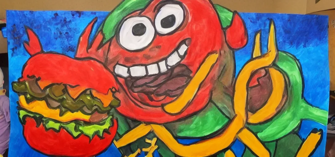 Prompt: kids painting of fast food monster