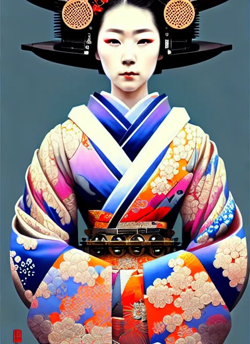 Prompt: beautiful japanese geisha wearing vr eyepiece, elaborated intricate geisha kimono, robotic, android, cyborg, cyberpunk face, steampunk, fantasy, intricate, elegant, highly detailed, colorful, vivid color, digital painting, artstation, concept art, art by artgerm and greg rutkowski and ruan jia,