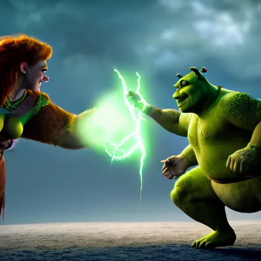 Prompt: Shrek fightning Malenia in Elden Ring, octane render, volumetric lightning 4k