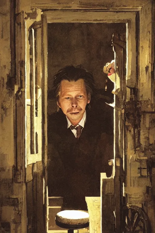 Image similar to portrait of gary oldman as a giant vampire, room of old hut in background, illustration by norman rockwell and greg rutkowski