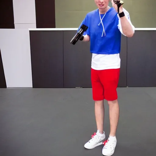 Image similar to a full body shot of an average white, short young - adult man with blue dyed hair holding a microphone, wearing a red backwards cap, white t - shirt with a red no symbol on it, blue long pants and red shoes