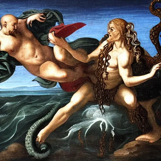 Prompt: a kraken fighting a powerful wizard, renaissance painting