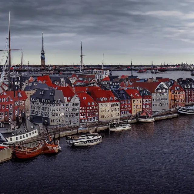 Prompt: copenhagen denmark with new england colonial buildings on a harbor, cinematic, volumetric, realistic, cinematic lighting, ray tracing, unreal engine 5, octane render, hyper realistic, photo, 8 k