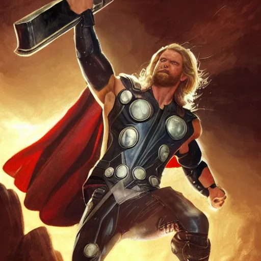 Image similar to Thor holding Mjolnir, detailed, centered, digital painting, artstation, concept art, donato giancola, Joseph Christian Leyendecker, WLOP, Boris Vallejo, Breathtaking, 8k resolution, extremely detailed, beautiful, establishing shot, artistic, hyperrealistic, beautiful face, octane render, cinematic lighting, dramatic lighting, masterpiece