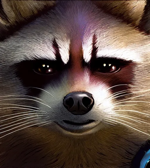 Image similar to a closeup portrait of Rocket Raccoon by Craig Mullins; extraordinary-masterpiece; realistic-lighting; 90mm; f/1.4