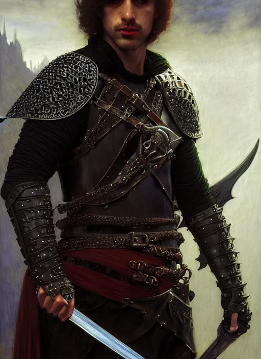 Image similar to male thief, dagger, leather armor, full body, hyper realistic, extremely detailed, dnd character art portrait, dark fantasy art, intricate fantasy painting, dramatic lighting, vivid colors, deviantart, artstation, by edgar maxence and caravaggio and michael whelan and delacroix.