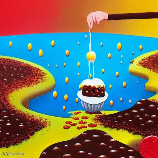 Image similar to a surrealist painting of a world made out of food with popcorn rain and chocolate ponds, in the style of pixar, animation