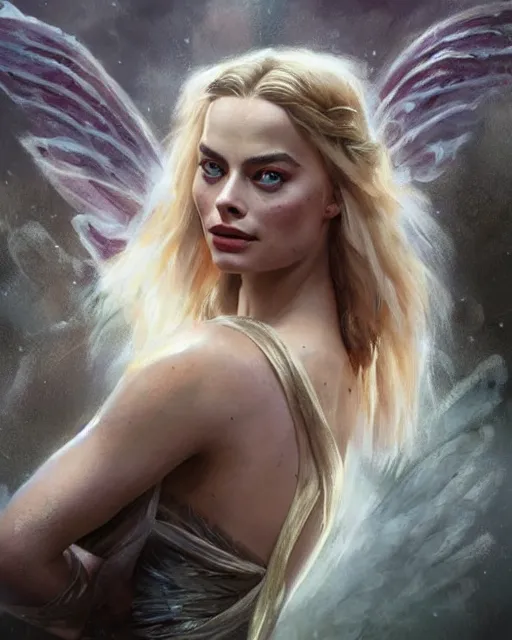 Prompt: margot robbie as a fairy with wings, hyper realistic face, beautiful eyes, fantasy art, in the style of greg rutkowski