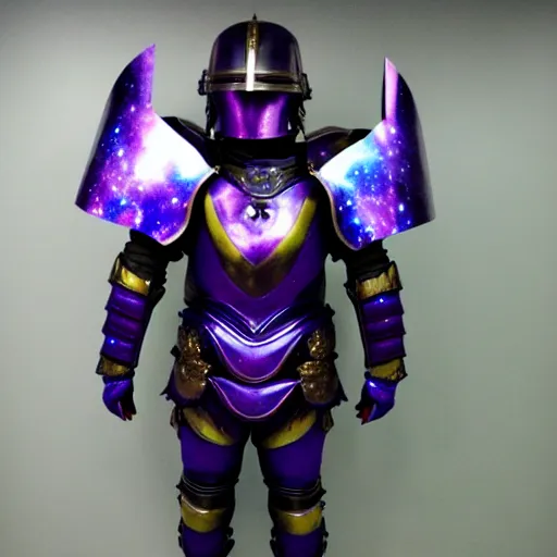 Image similar to full body photo of a warrior with galaxy coloured armour,