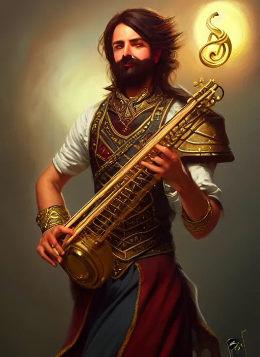 Prompt: a _ fantasy _ style _ portrait _ painting _ of charismatic bard playing instrument, rpg dnd oil _ painting _ unreal _ 5 _ daz. _ rpg _ portrait _ extremely _ detailed _ artgerm _ greg _ rutkowski _ greg