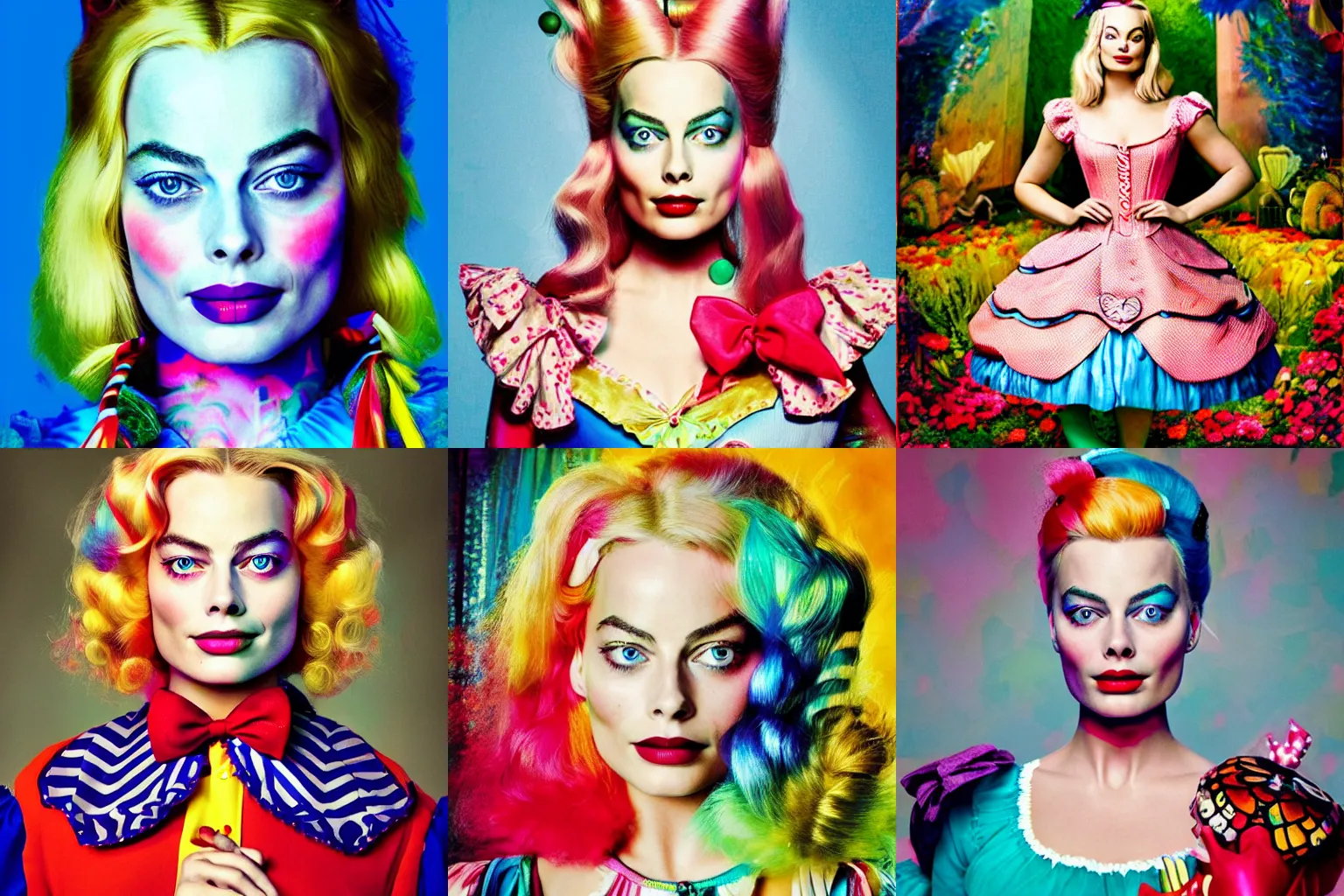 Prompt: Colorful portrait of Margot Robbie as Alice in Wonderland