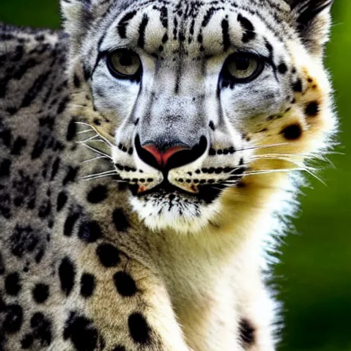 Image similar to A close up of a snow leopard looking to the left.