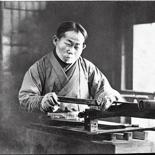 Prompt: Portrait of a 19th century Japanese man forging an elongated metal plate at a Kyoto knifemaker workshop, 1900s photography